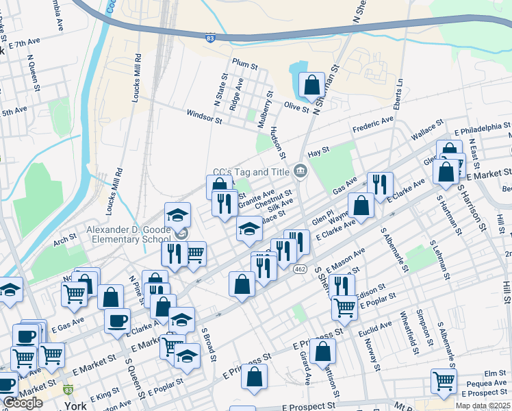 map of restaurants, bars, coffee shops, grocery stores, and more near 685 Chestnut Street in York