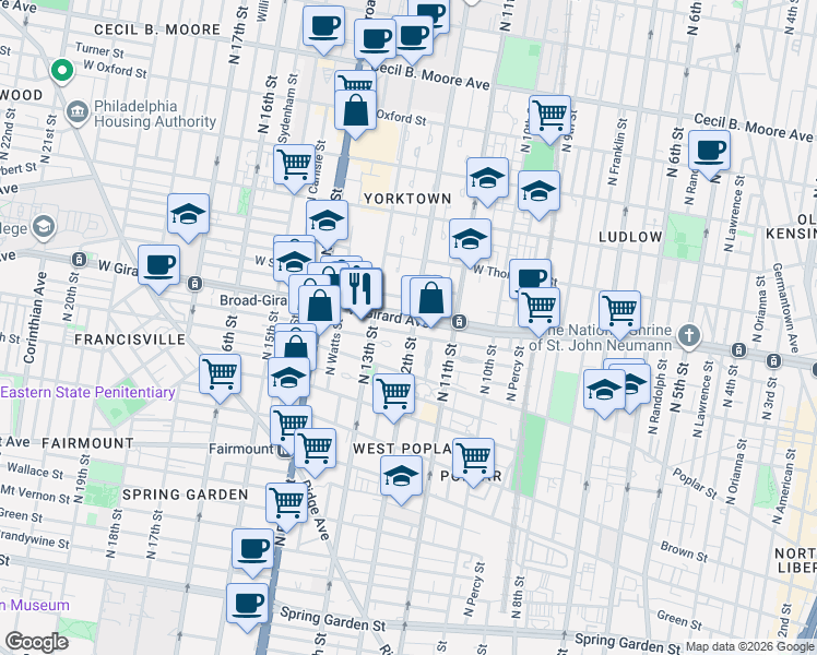 map of restaurants, bars, coffee shops, grocery stores, and more near in Philadelphia