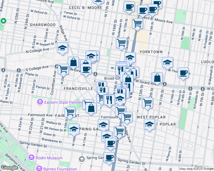 map of restaurants, bars, coffee shops, grocery stores, and more near 1531 Poplar Street in Philadelphia