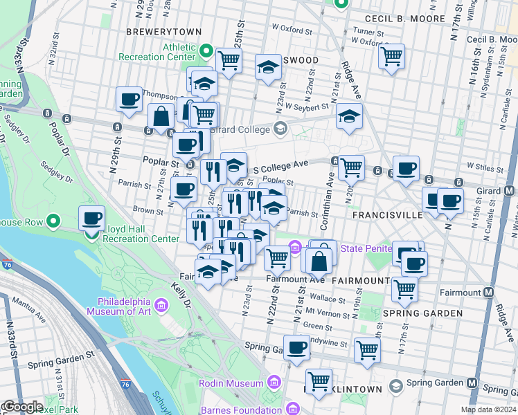 map of restaurants, bars, coffee shops, grocery stores, and more near 2306 Parrish Street in Philadelphia