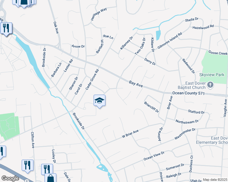 map of restaurants, bars, coffee shops, grocery stores, and more near 1011 Twin Oaks Drive in Toms River