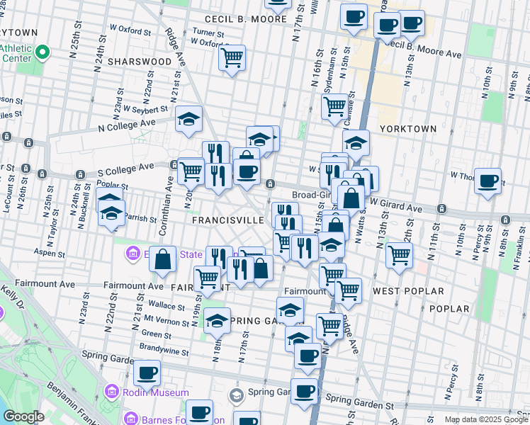 map of restaurants, bars, coffee shops, grocery stores, and more near 1700 Poplar St in Philadelphia