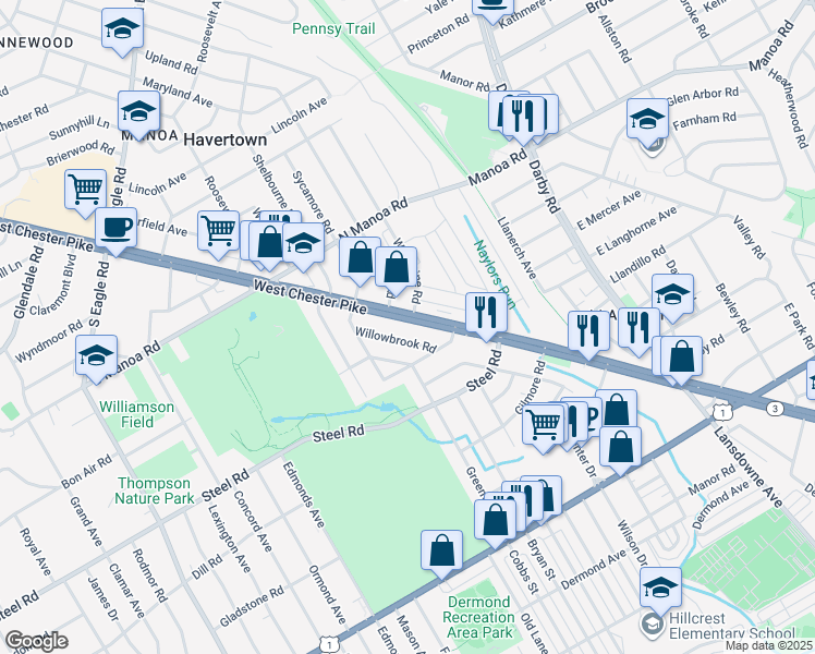 map of restaurants, bars, coffee shops, grocery stores, and more near 580 West Chester Pike in Havertown