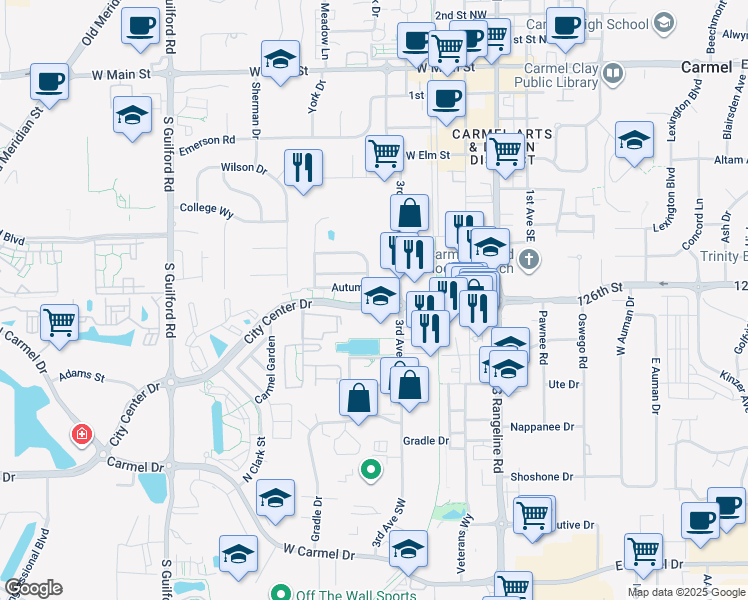 map of restaurants, bars, coffee shops, grocery stores, and more near 351 Autumn Drive in Carmel