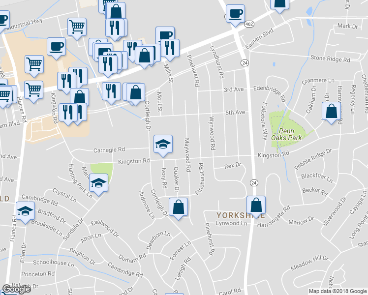 map of restaurants, bars, coffee shops, grocery stores, and more near 324 Maywood Road in York