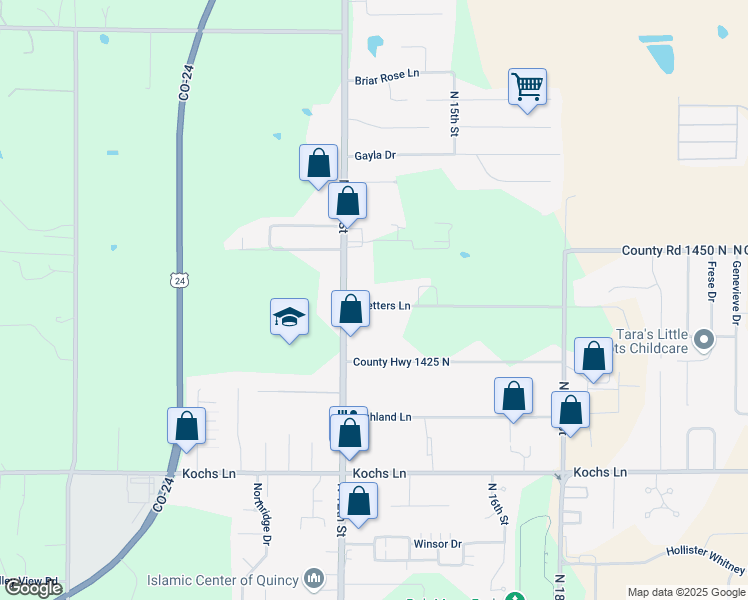 map of restaurants, bars, coffee shops, grocery stores, and more near 1255 Koetters Lane in Quincy