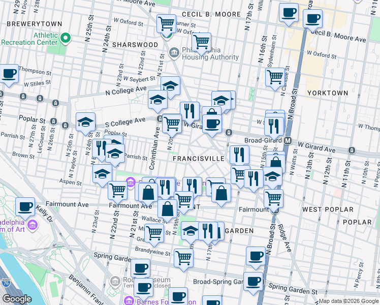 map of restaurants, bars, coffee shops, grocery stores, and more near 860 North 19th Street in Philadelphia