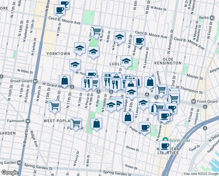 map of restaurants, bars, coffee shops, grocery stores, and more near 709 West Girard Avenue in Philadelphia