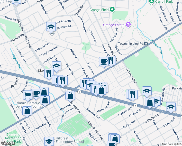 map of restaurants, bars, coffee shops, grocery stores, and more near 6 Foster Avenue in Havertown