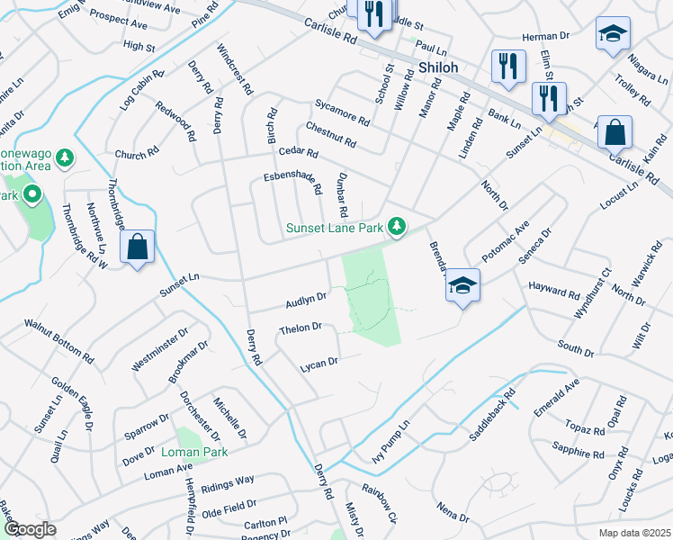 map of restaurants, bars, coffee shops, grocery stores, and more near 2506 Audlyn Drive in York