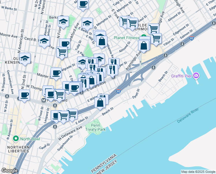 map of restaurants, bars, coffee shops, grocery stores, and more near 1115 East Montgomery Avenue in Philadelphia