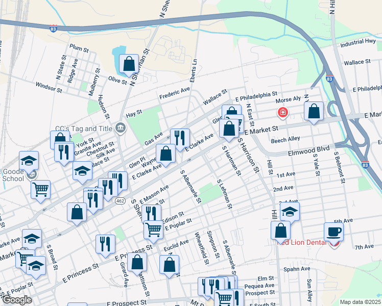 map of restaurants, bars, coffee shops, grocery stores, and more near 1033 East Market Street in York