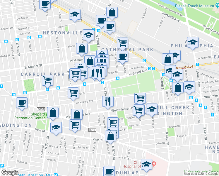 map of restaurants, bars, coffee shops, grocery stores, and more near 657 North Creighton Street in Philadelphia