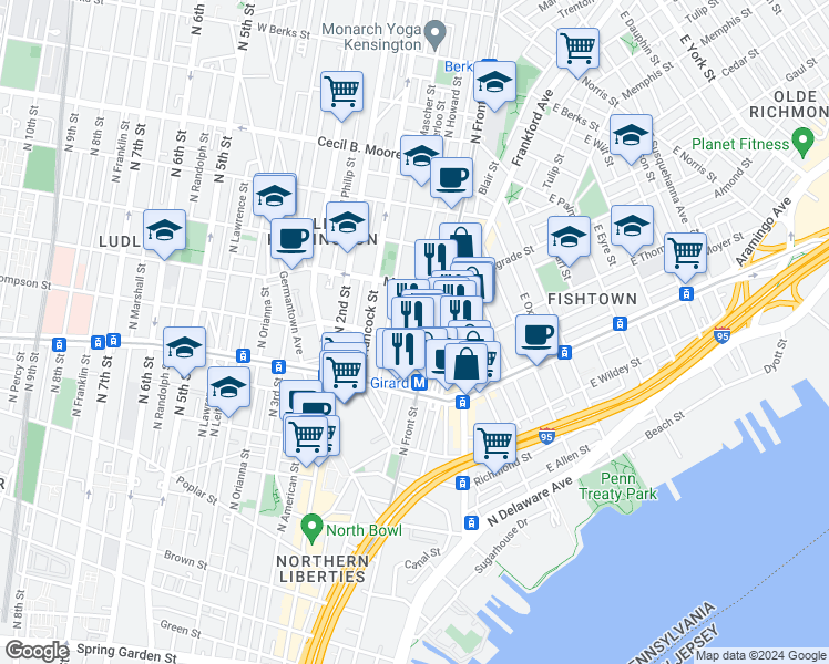 map of restaurants, bars, coffee shops, grocery stores, and more near 1308 North Hope Street in Philadelphia