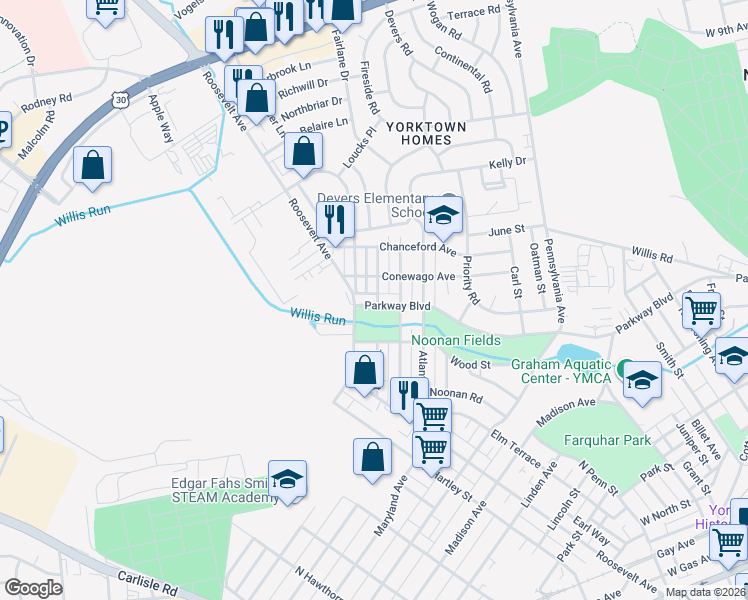 map of restaurants, bars, coffee shops, grocery stores, and more near 935 Parkway Boulevard in York
