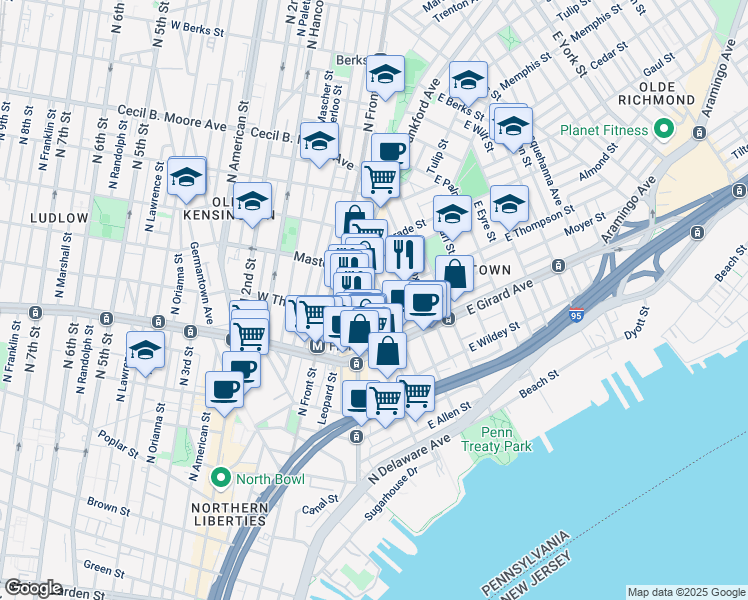 map of restaurants, bars, coffee shops, grocery stores, and more near 219 East Thompson Street in Philadelphia