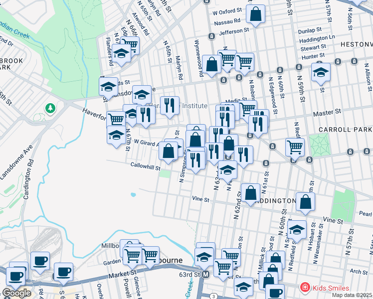 map of restaurants, bars, coffee shops, grocery stores, and more near 6424 West Girard Avenue in Philadelphia