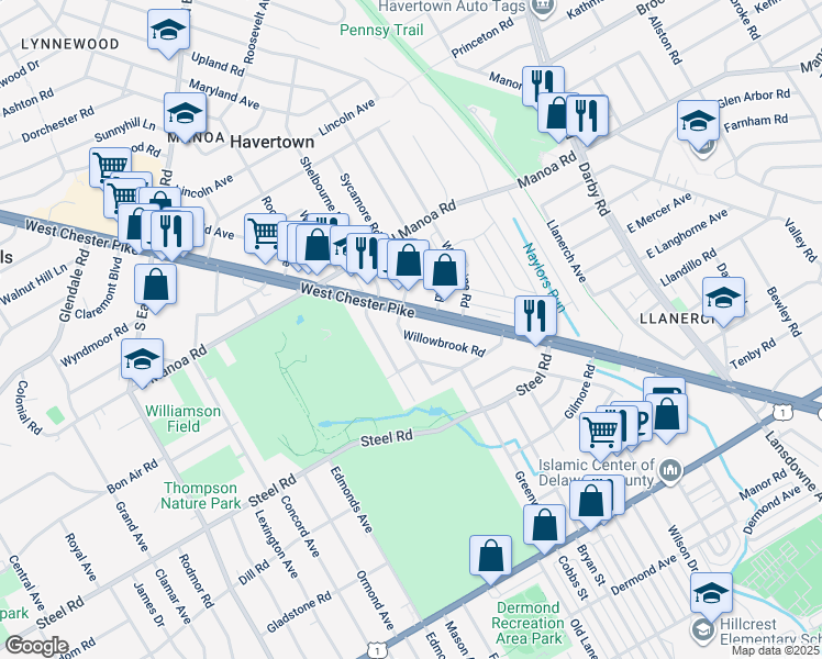map of restaurants, bars, coffee shops, grocery stores, and more near 629 Willowbrook Road in Havertown