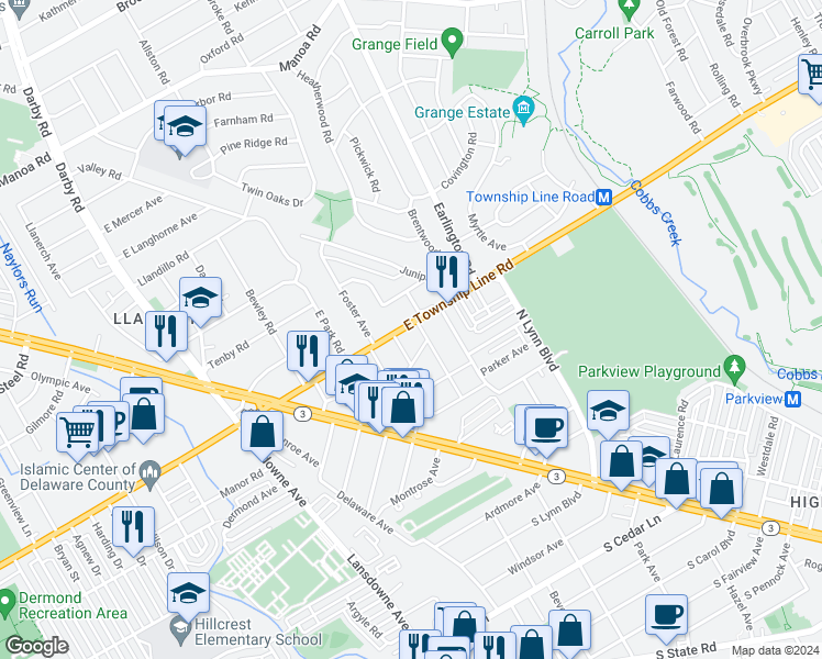 map of restaurants, bars, coffee shops, grocery stores, and more near 235 East Township Line Road in Upper Darby
