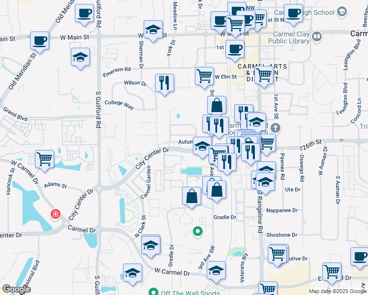 map of restaurants, bars, coffee shops, grocery stores, and more near 401 Autumn Drive in Carmel