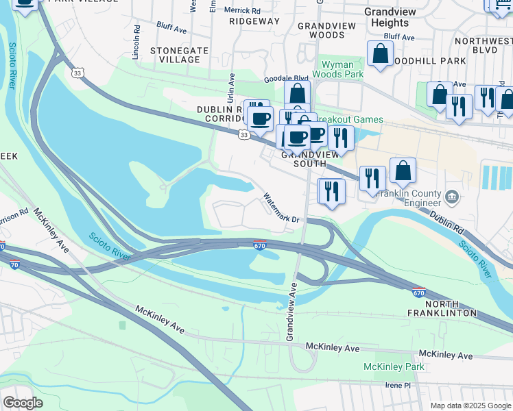 map of restaurants, bars, coffee shops, grocery stores, and more near 1717 Canvasback Lane in Columbus