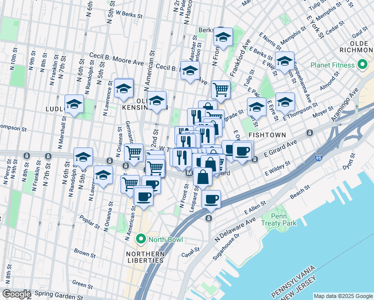 map of restaurants, bars, coffee shops, grocery stores, and more near 1308 Hope Street in Philadelphia