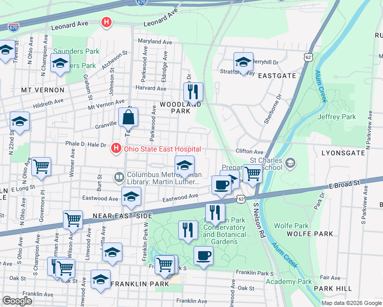 map of restaurants, bars, coffee shops, grocery stores, and more near 1709 Clifton Avenue in Columbus