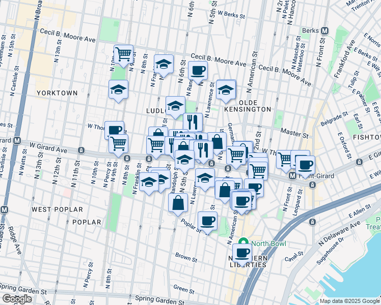 map of restaurants, bars, coffee shops, grocery stores, and more near 1215 North 5th Street in Philadelphia
