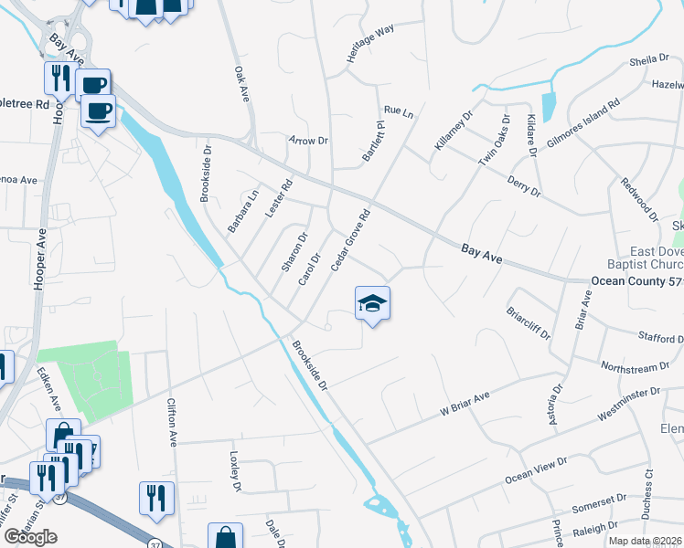 map of restaurants, bars, coffee shops, grocery stores, and more near 209 Cedar Grove Road in Toms River