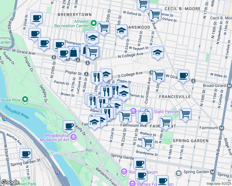 map of restaurants, bars, coffee shops, grocery stores, and more near 2310 Parrish Street in Philadelphia