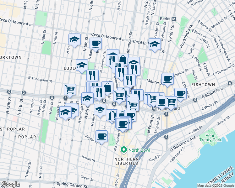map of restaurants, bars, coffee shops, grocery stores, and more near 1224 Germantown Avenue in Philadelphia