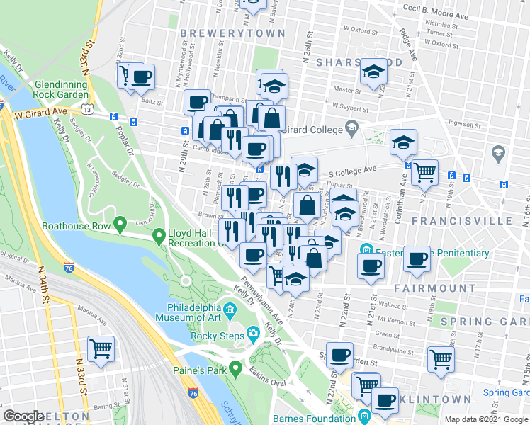 map of restaurants, bars, coffee shops, grocery stores, and more near 811 North Bambrey Street in Philadelphia