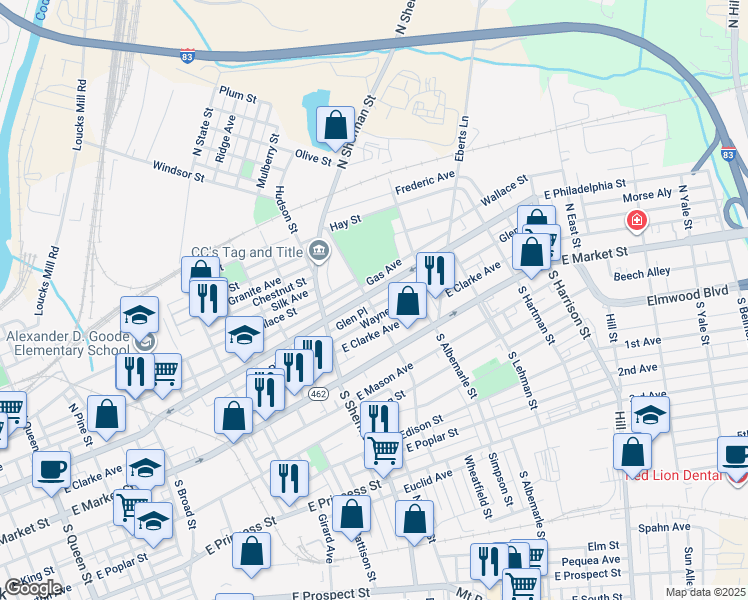 map of restaurants, bars, coffee shops, grocery stores, and more near 71 North Tremont Street in York