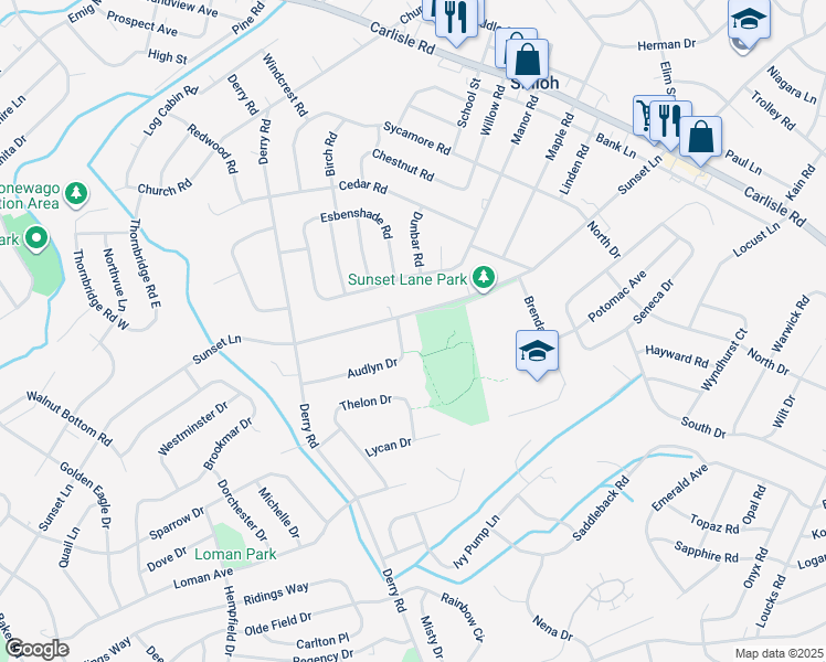 map of restaurants, bars, coffee shops, grocery stores, and more near 2506 Audlyn Drive in York