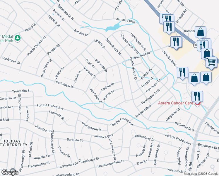 map of restaurants, bars, coffee shops, grocery stores, and more near 17 Roman Street in Toms River