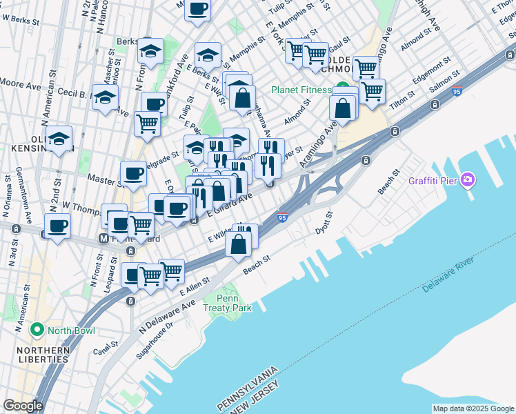map of restaurants, bars, coffee shops, grocery stores, and more near 1115 East Montgomery Avenue in Philadelphia