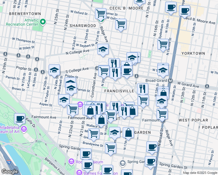 map of restaurants, bars, coffee shops, grocery stores, and more near 859 North Uber Street in Philadelphia