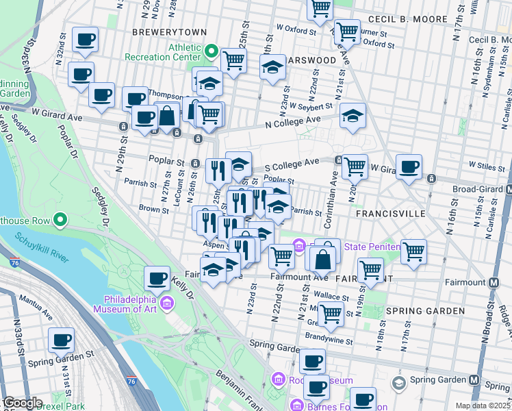 map of restaurants, bars, coffee shops, grocery stores, and more near 2316 Parrish Street in Philadelphia