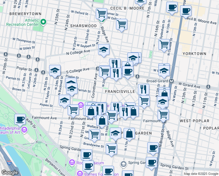 map of restaurants, bars, coffee shops, grocery stores, and more near 859 North Uber Street in Philadelphia