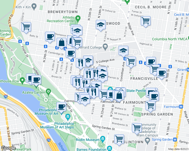 map of restaurants, bars, coffee shops, grocery stores, and more near 2316 Parrish Street in Philadelphia