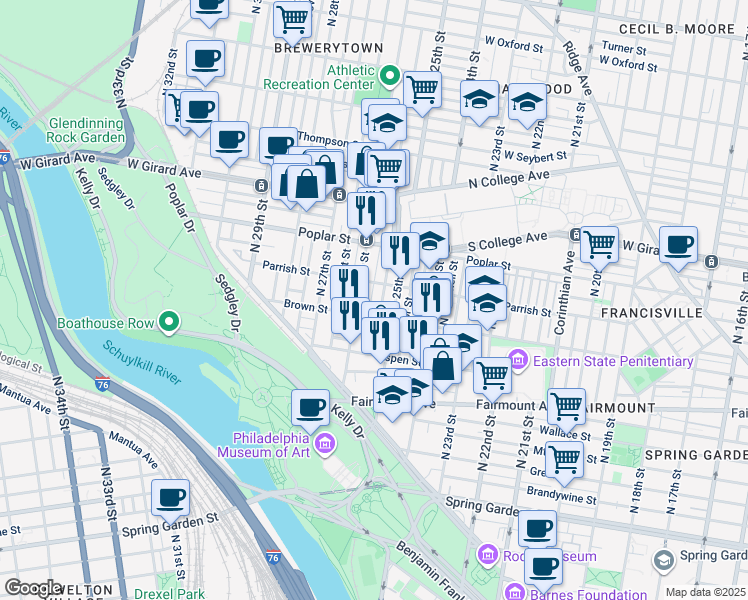 map of restaurants, bars, coffee shops, grocery stores, and more near 811 North Bambrey Street in Philadelphia