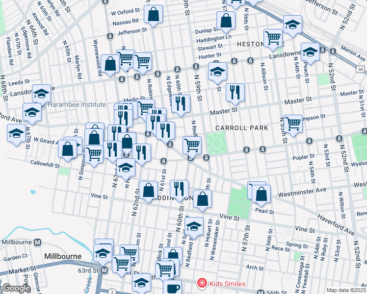map of restaurants, bars, coffee shops, grocery stores, and more near 1234 North 60th Street in Philadelphia