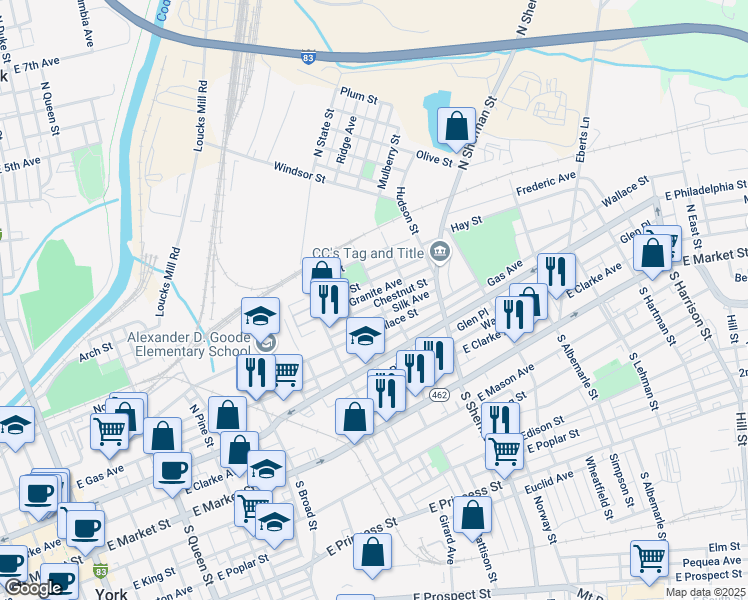 map of restaurants, bars, coffee shops, grocery stores, and more near 685 Chestnut Street in York