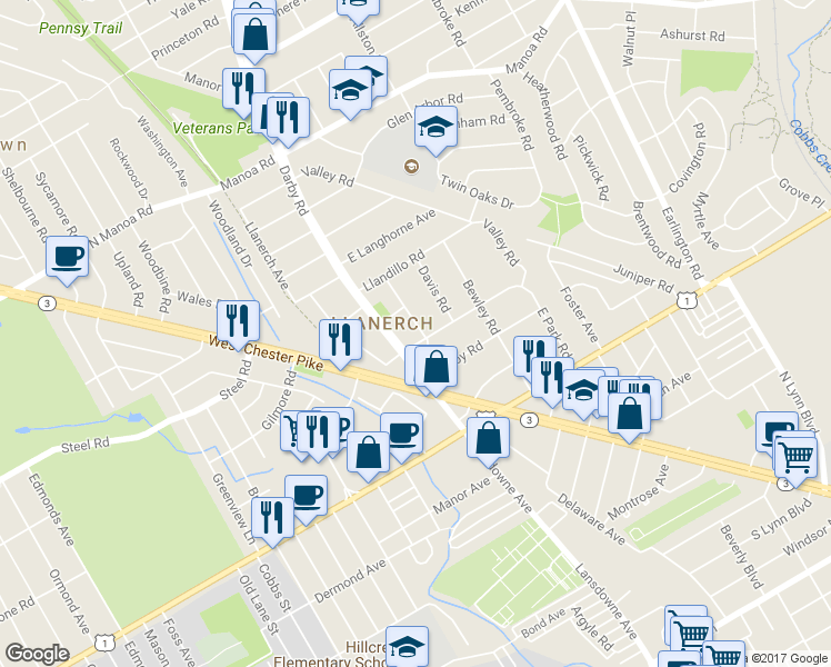 map of restaurants, bars, coffee shops, grocery stores, and more near 10 East Park Road in Havertown
