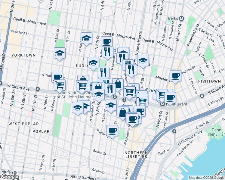 map of restaurants, bars, coffee shops, grocery stores, and more near 1200 North Orkney Street in Philadelphia