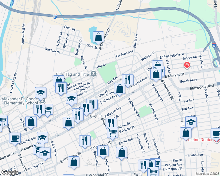 map of restaurants, bars, coffee shops, grocery stores, and more near 71 North Tremont Street in York
