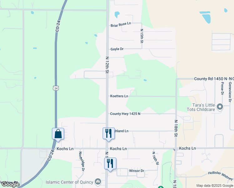 map of restaurants, bars, coffee shops, grocery stores, and more near 1255 Koetters Lane in Quincy