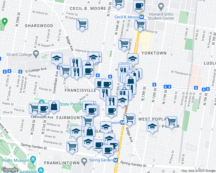 map of restaurants, bars, coffee shops, grocery stores, and more near 1537 Poplar Street in Philadelphia