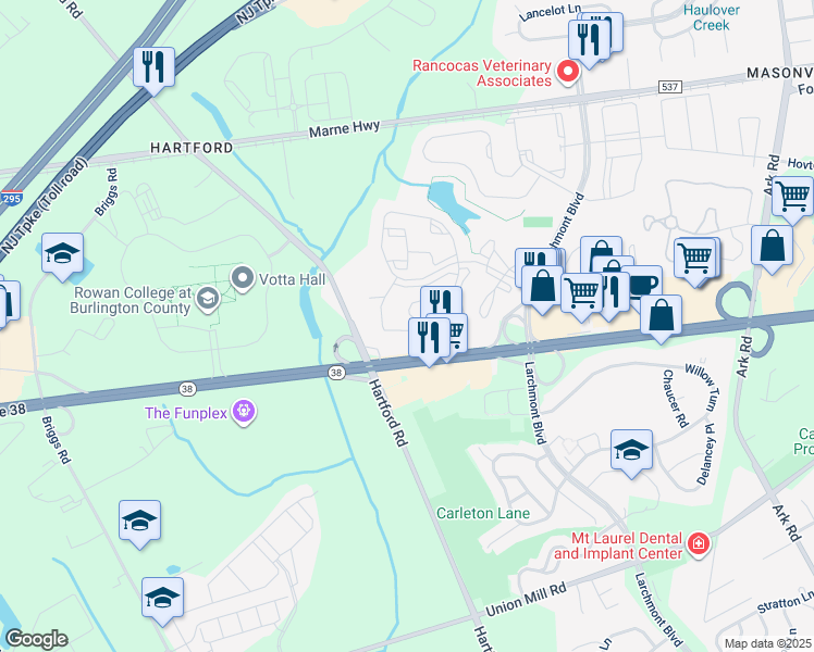 map of restaurants, bars, coffee shops, grocery stores, and more near 4610 Aberdeen Drive in Mount Laurel