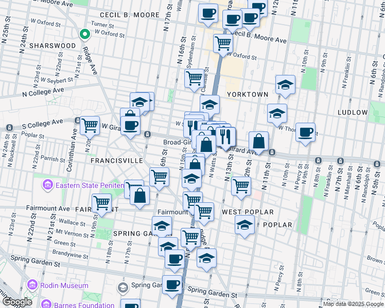 map of restaurants, bars, coffee shops, grocery stores, and more near 1419 Poplar Street in Philadelphia